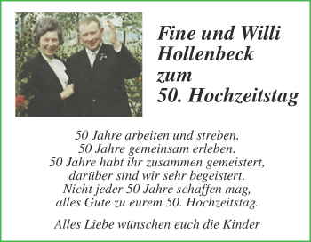 Glückwunschanzeige von Fine und Willi Hollenbeck
