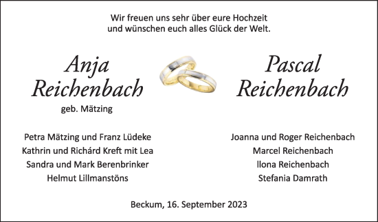Glückwunschanzeige von Anja und Pascal Reichenbach
