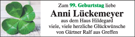 Glückwunschanzeige von Anni Lückemeyer