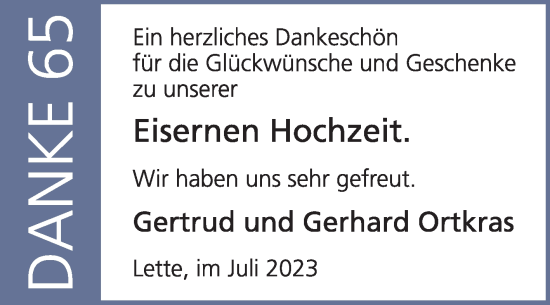 Glückwunschanzeige von Getrud und Gerhard Ortkras