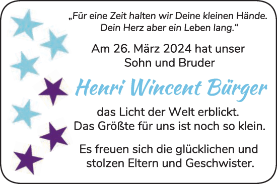 Glückwunschanzeige von Henri Wincent Bürger