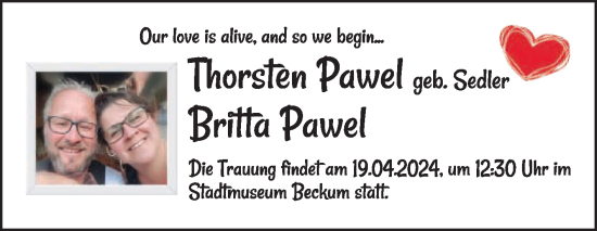 Glückwunschanzeige von Thorsten und Briita Pawel