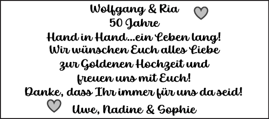 Glückwunschanzeige von Wolfgang und Ria 