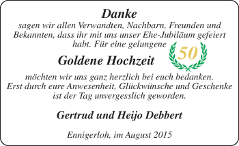 Glückwunschanzeige von Gertrud und Heijo Debbert