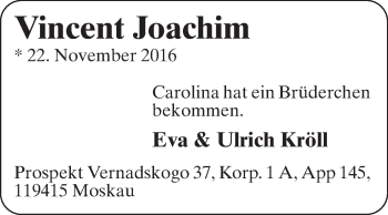 Glückwunschanzeige von Vincent Joachim Kröll