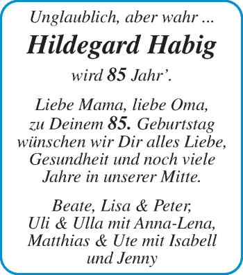 Glückwunschanzeige von Hildegard Habig