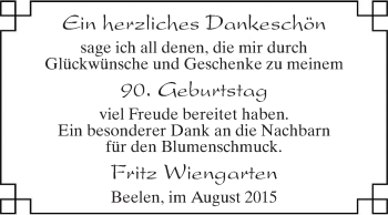 Glückwunschanzeige von Fritz Wiengarten