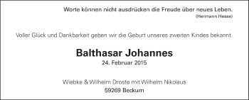 Glückwunschanzeige von Balthasar Johannes