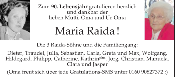 Glückwunschanzeige von Maria  Raida