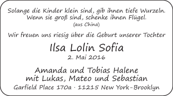 Glückwunschanzeige von Ilsa Lolin Sofia Halene