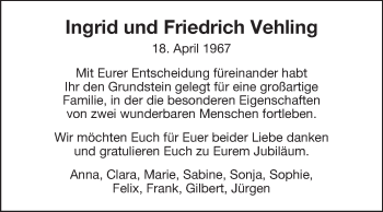 Glückwunschanzeige von Ingrid und Friedrich Vehling