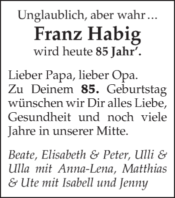 Glückwunschanzeige von Franz Habig