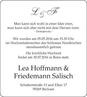 Glückwunschanzeige von Lea Hoffmann & Friedemann Salisch