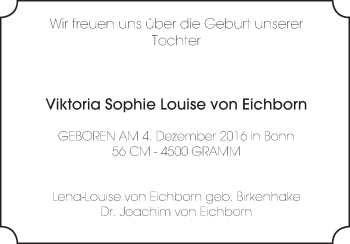 Glückwunschanzeige von Viktoria Sophie Louise von Eichborn