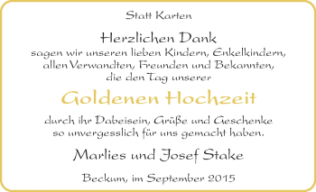Glückwunschanzeige von Marlies und Josef Stake