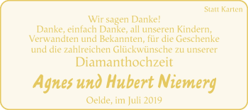 Glückwunschanzeige von Agnes und Hubert Niemerg