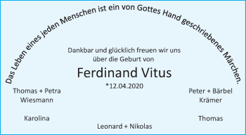 Glückwunschanzeige von Ferdinand Vitus