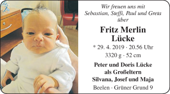 Glückwunschanzeige von Fritz Merlin Lücke