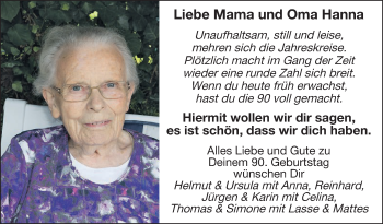 Glückwunschanzeige von Liebe Mama und Oma Hanna 