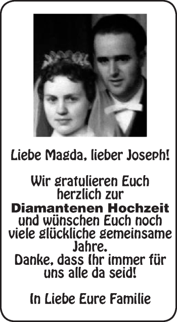 Glückwunschanzeige von Magda und Joseph 