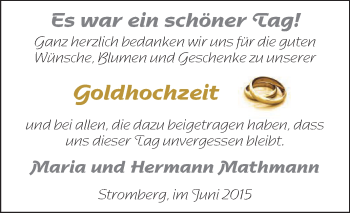 Glückwunschanzeige von Maria und Hermann Mathmann
