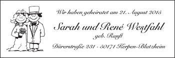 Glückwunschanzeige von Sarah und Rene Westfahl