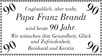 Glückwunschanzeige von Franz  Brandt