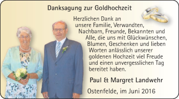 Glückwunschanzeige von Paul und Margret Landwehr