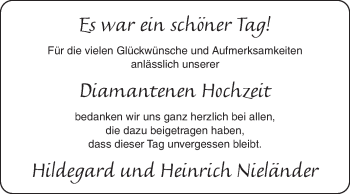Glückwunschanzeige von Hildegard und Heinrich Nieländer