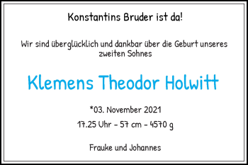 Glückwunschanzeige von Klemens Theodor Holwitt