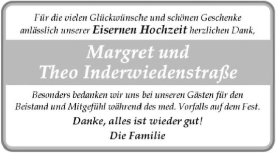 Glückwunschanzeige von Margret und Theo Inderwiedenstraße