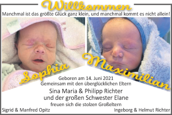 Glückwunschanzeige von Sophia und Maximilian Richter