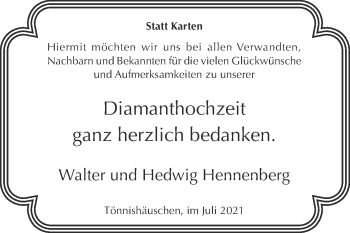 Glückwunschanzeige von Walter und Hedwig Hennenberg